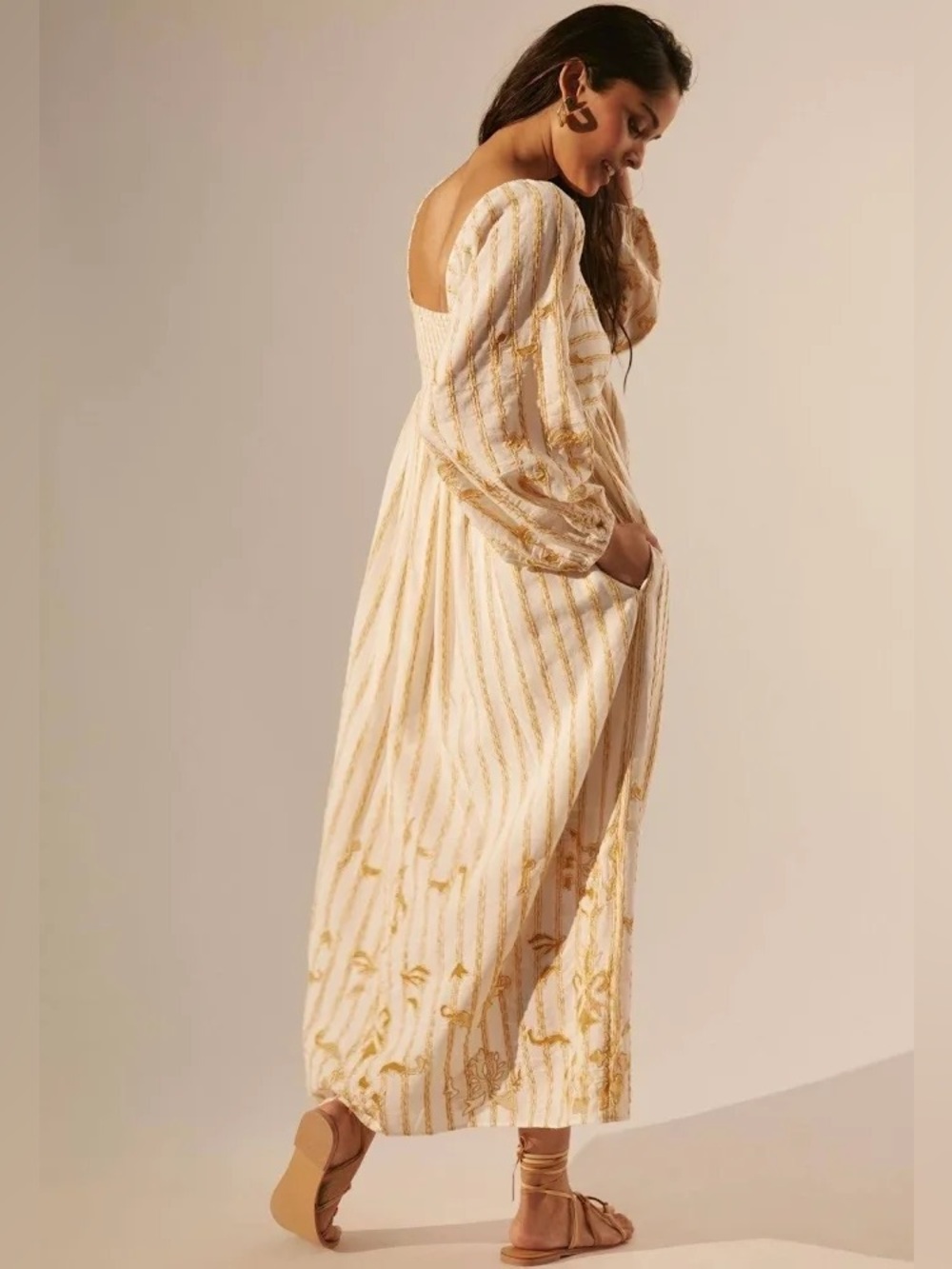 Anthropologie Embroidered Sweetheart Maxi Dress Ivory Gold Boho Balloon Sleeve S - Picture 6 of 14